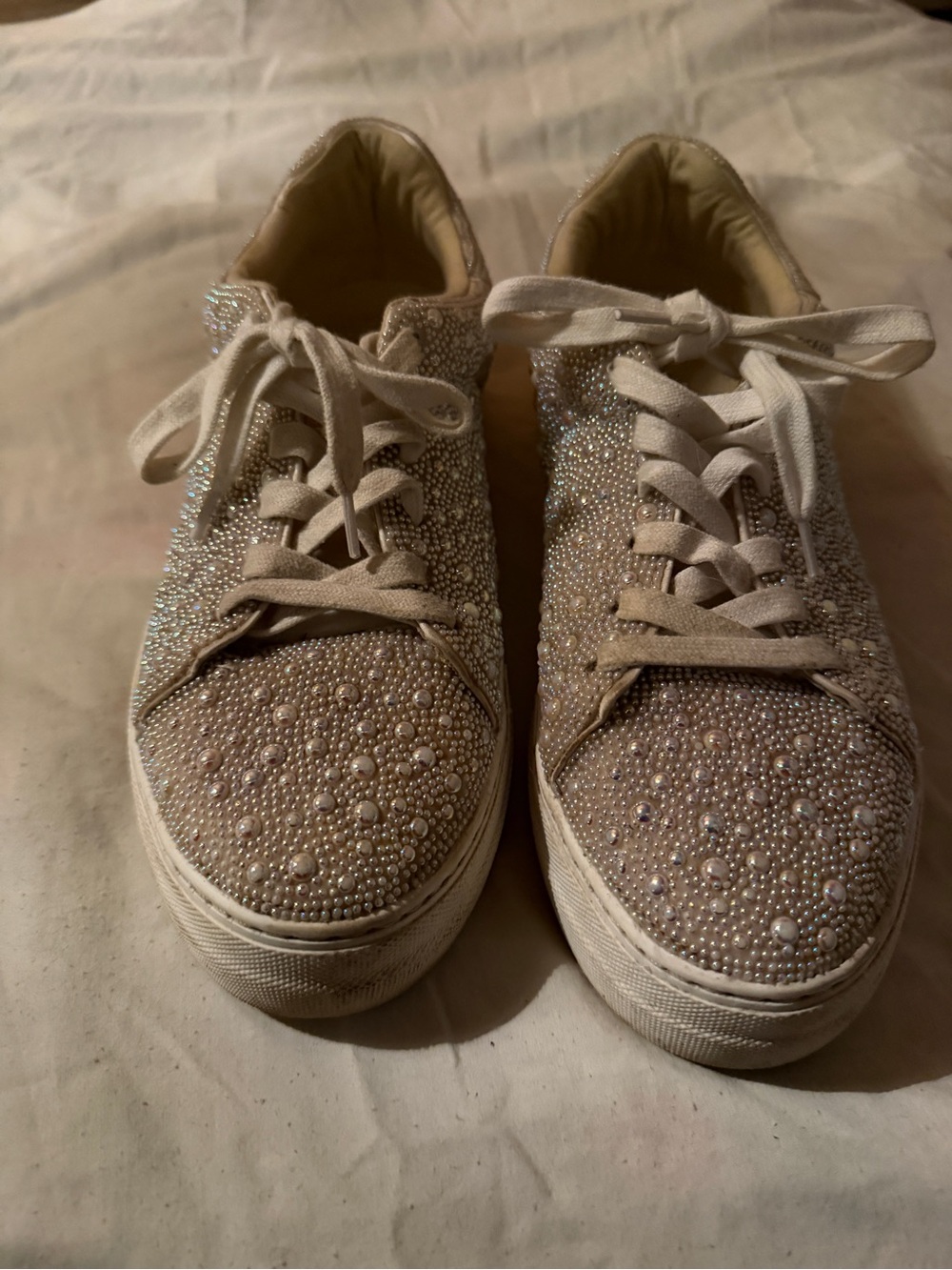 Betsey Johnson Pearl & Crystal Embellished Beige Lace-Up Sneakers women size 10